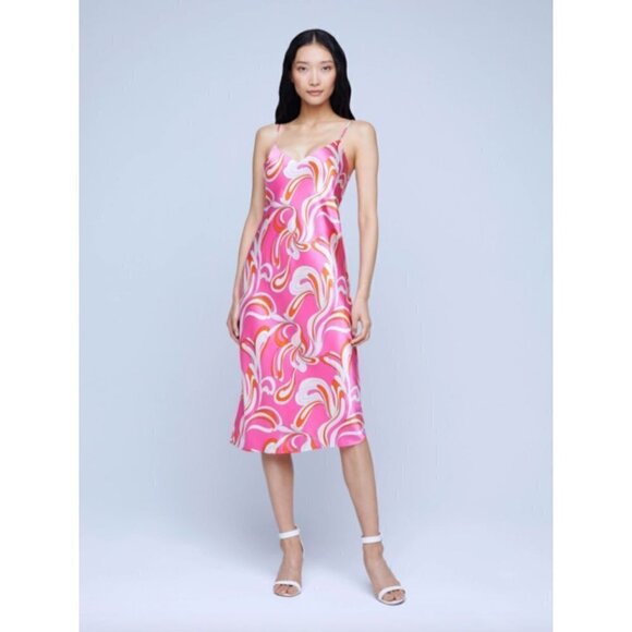 L'agence Jodie Silk Midi Slip Dress Orange Rose Abstract Swirl Womens 10 - Picture 2 of 13